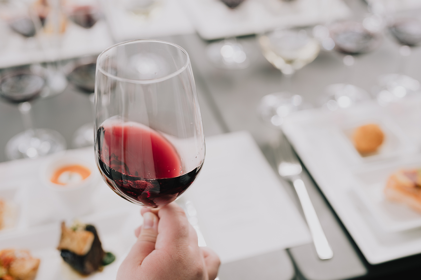 Color image of hand holding a glass of red wine, with plates of food in the background