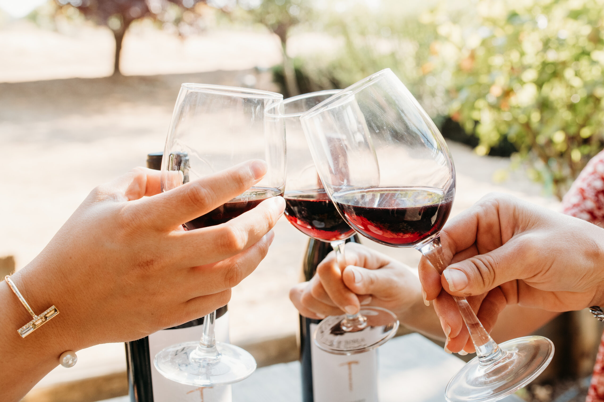 Color image of 3 hands holding glasses of red wine