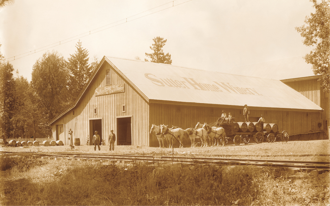 Sepia image of the front of the original Sutter Home Winery barn.