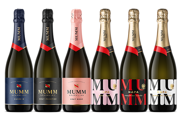Bottle lineup of Mumm Napa Sparkling and Mumm Napa Signature